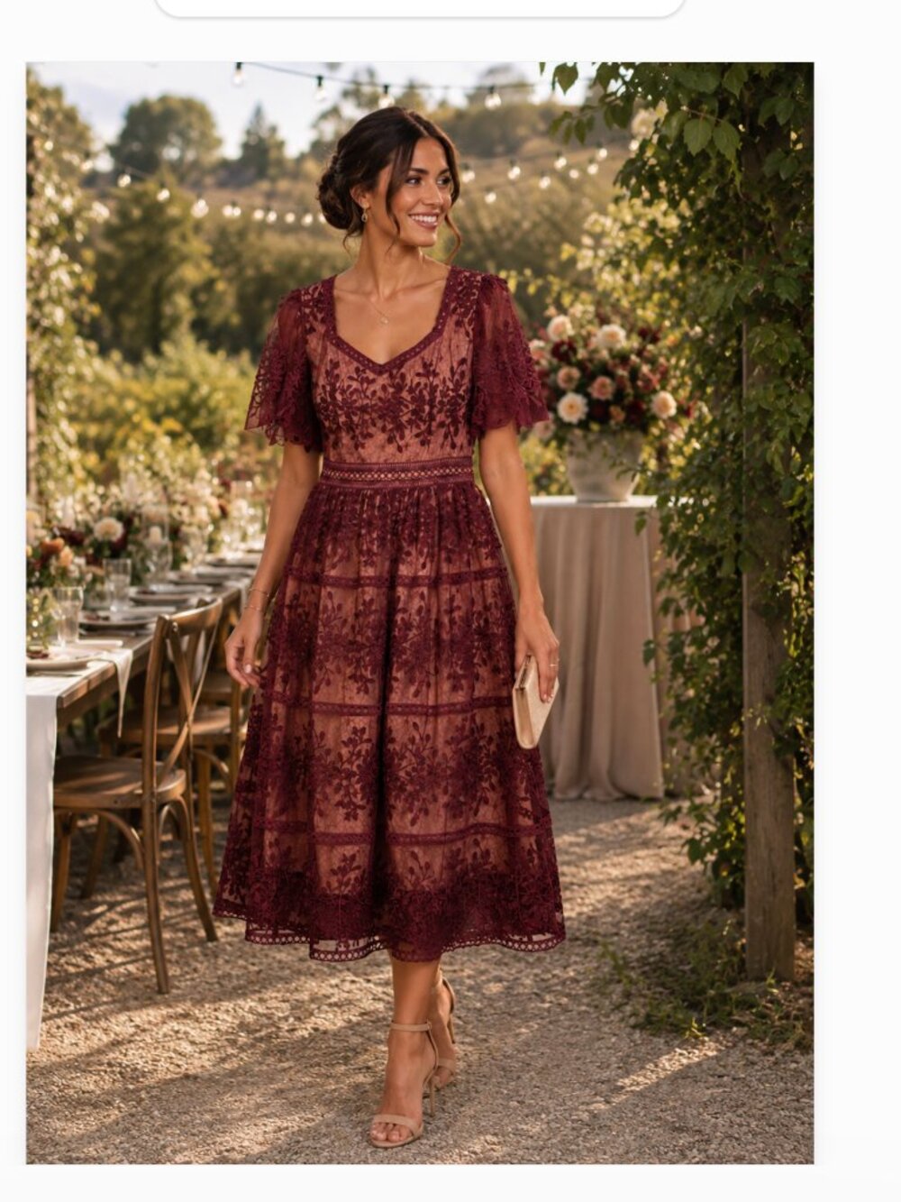 IVY CITY Burgundy Venice Lace Mesh Overlay Romantic Dress size large